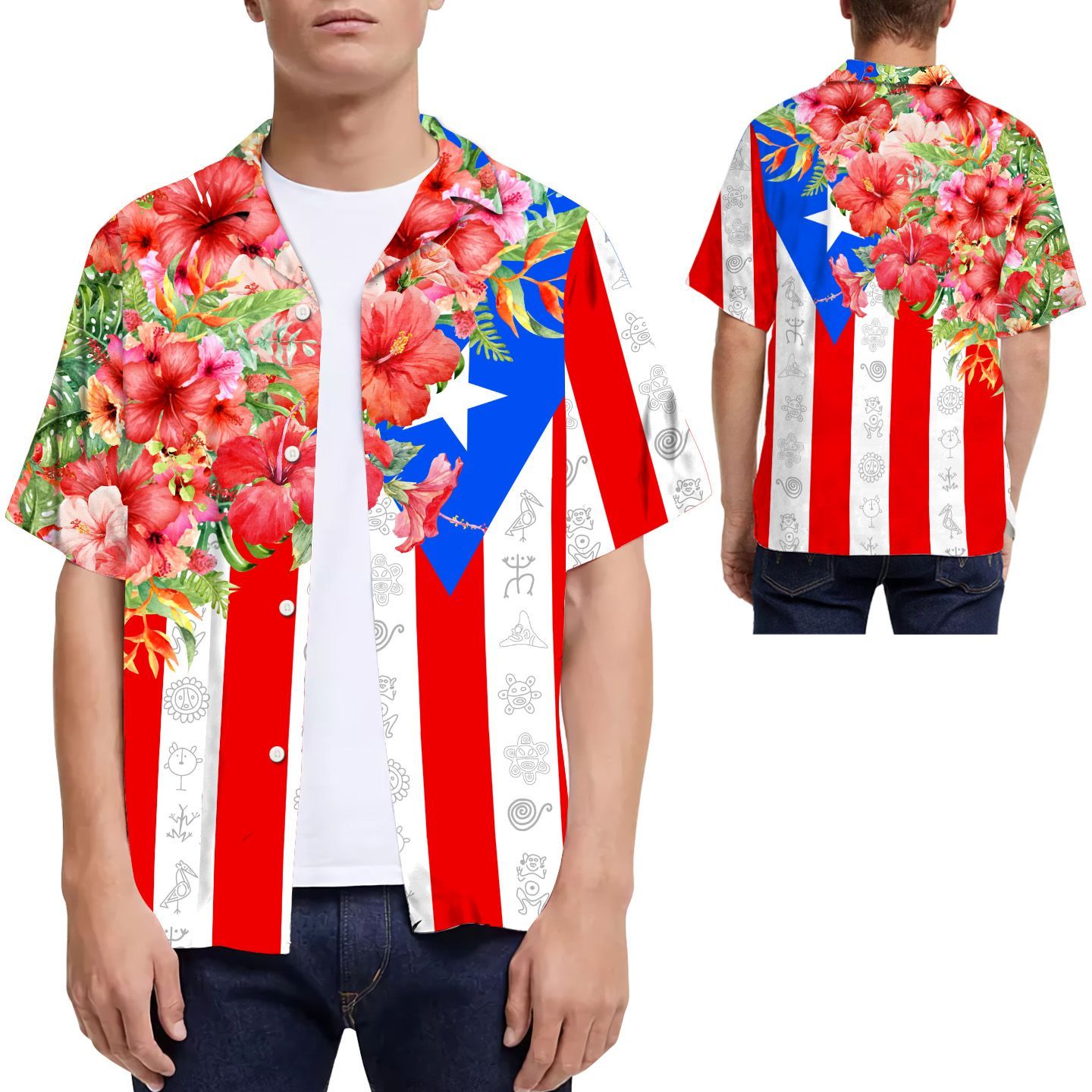 Beach Shirt Hibiscus Puerto Rico Flag Hawaiian Shirt For Men For Puerto Ricans