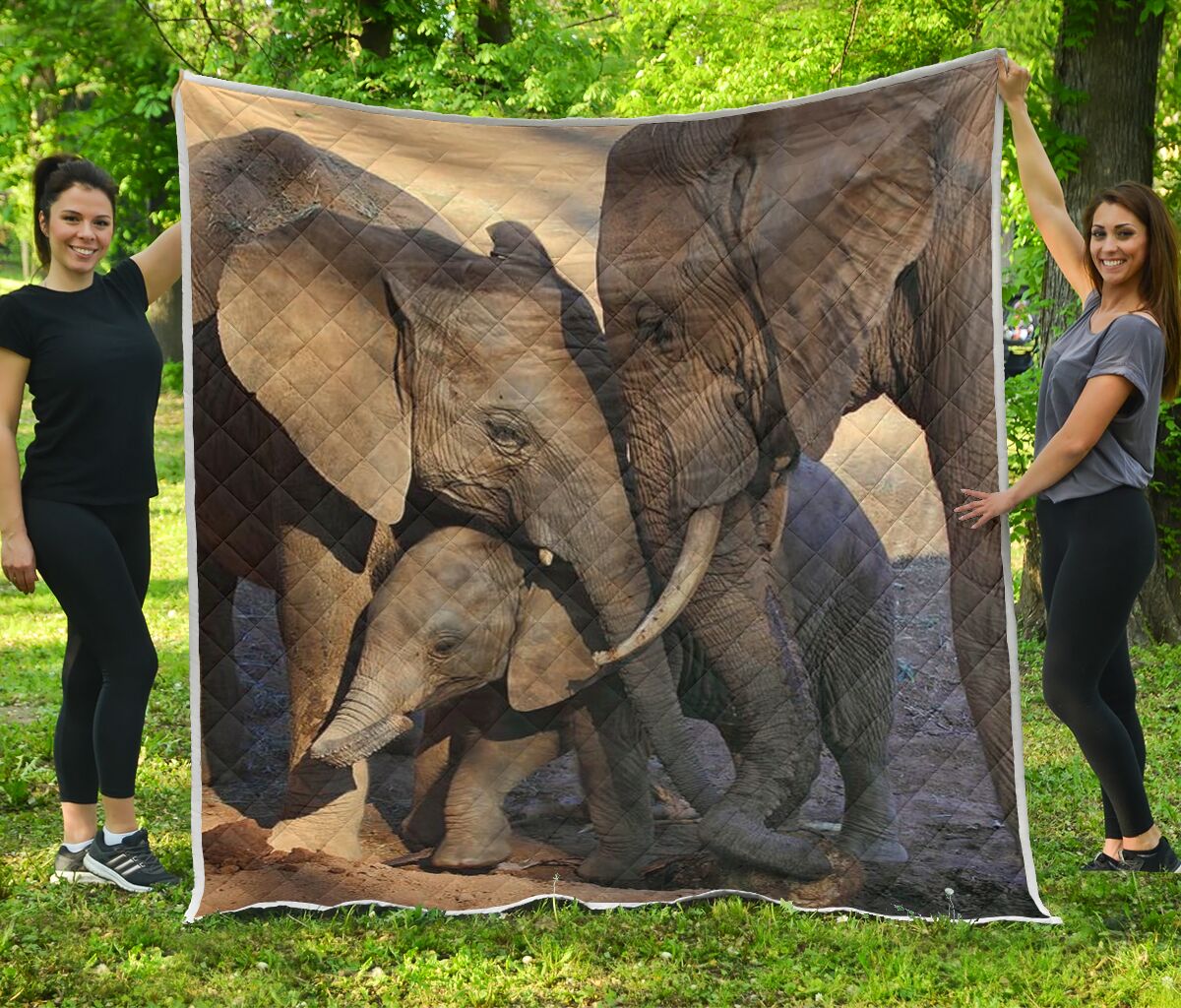 Elephant We Are Family Quilt Full Print Soft Multiple Material Size Gift Bedroom Decoration