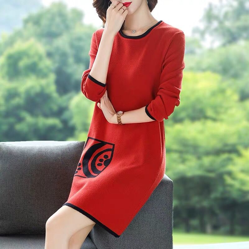 Autumn Winter Bright Line Decoration Vintage Women’s Clothing O-Neck Loose Waist Knitting Print Knee-length Pullover Dresses alx