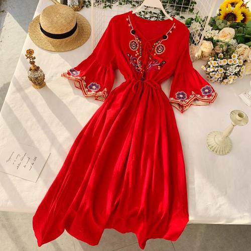 Bohemian Style Desert Outing Floral Embroidery Tassel Indie Folk Women Long Dress alx