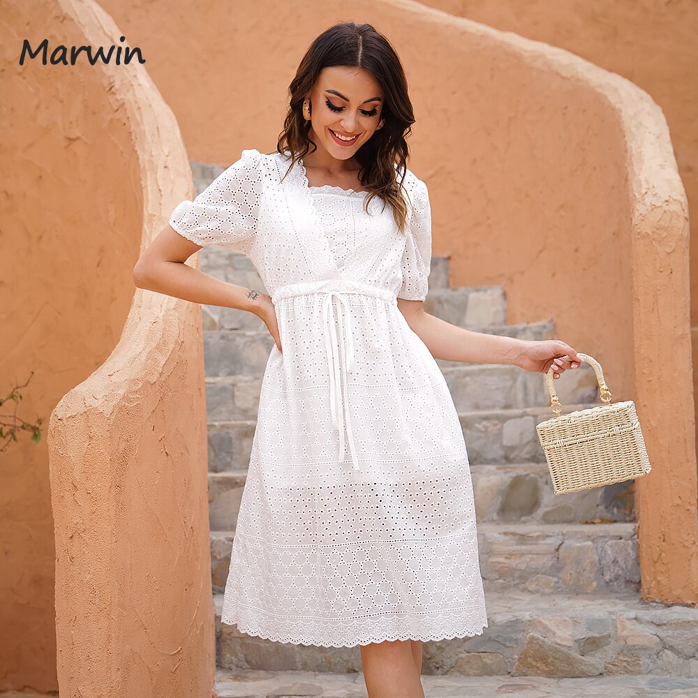 Marwin Long Simple Casual Solid Hollow Out Pure Cotton Holiday Style High Waist Fashion Knee-Length Summer Dresses NEW Vestidos alx
