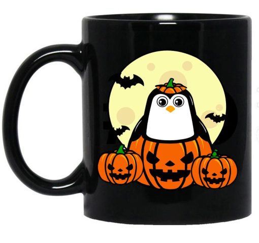 Penguin Costume Halloween Jack O Lantern Pumpkin And Bats Full Moon Halloween Mug