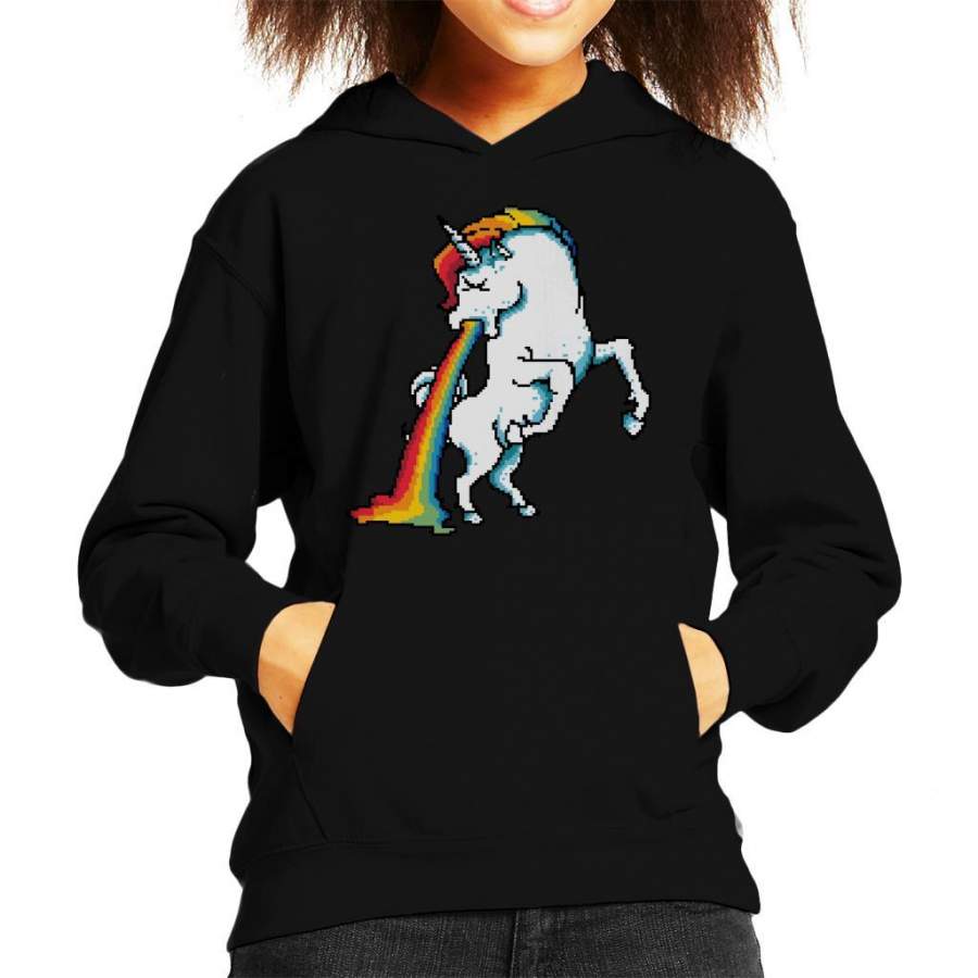 Unicorn Vomiting Rainbow Pixel Art Kid’s Hooded Sweatshirt