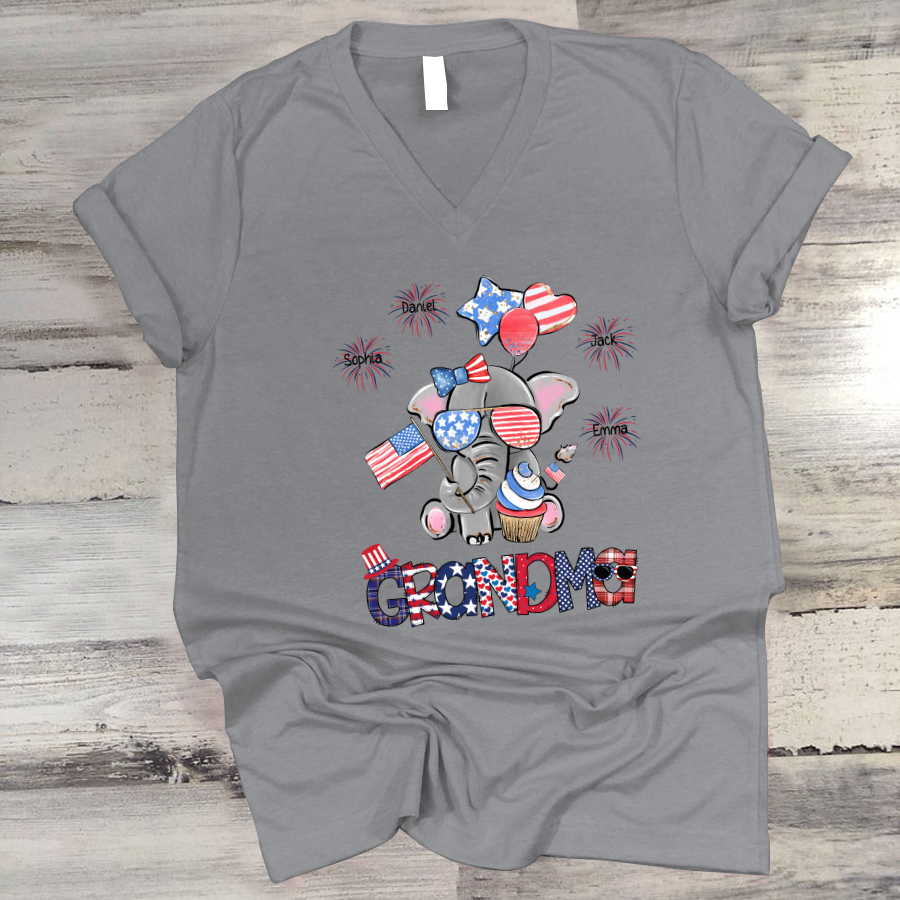 Personalized Grandma Elephant With Grandkids Firecracker Cute V-Neck