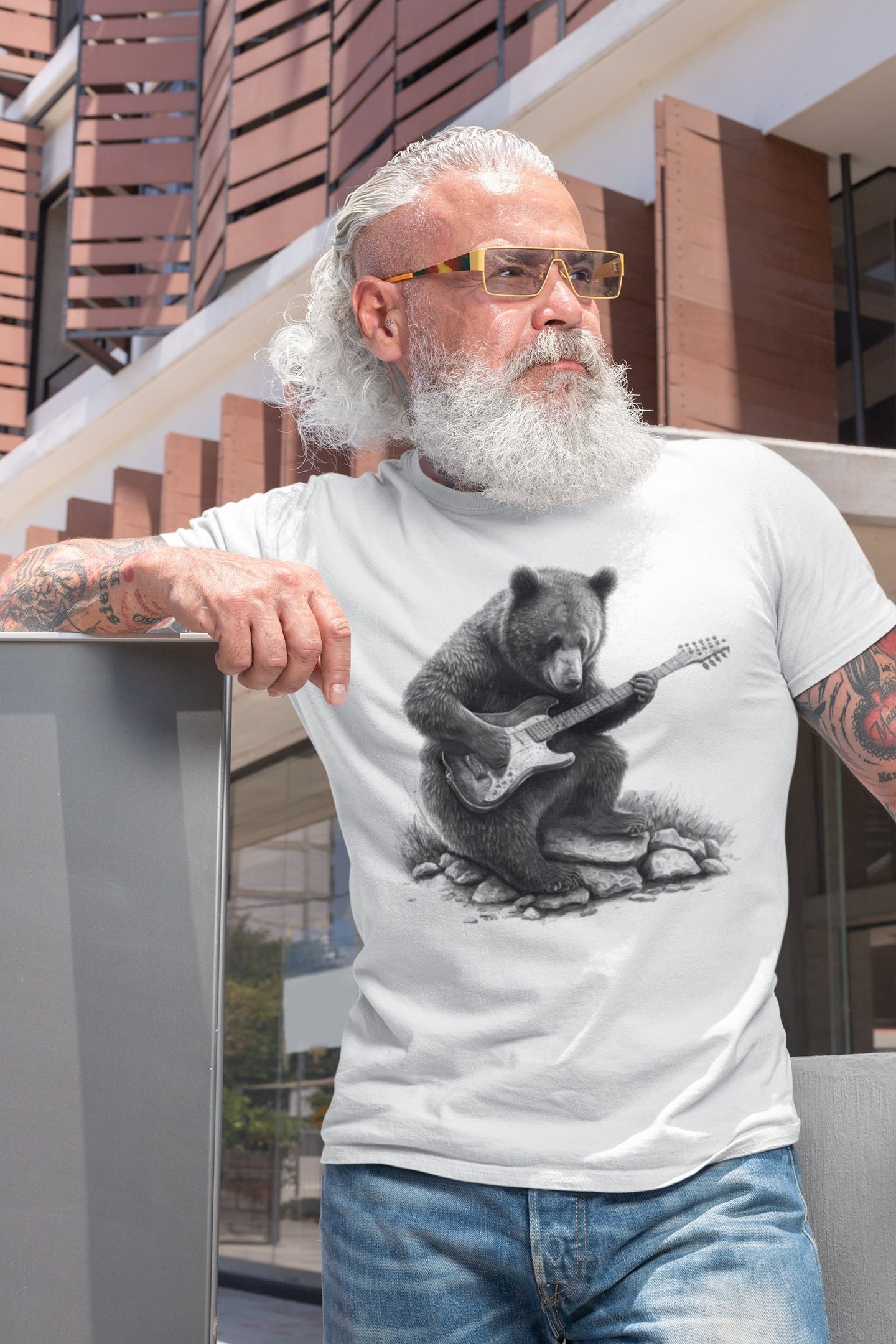 Bear T-Shirt Gift, Men’s Graphic Tee Bear Guitar, Bear Playing Guitar, Men’s Bear Shirt , Bear Gifts Music Gift, Musician Gifts