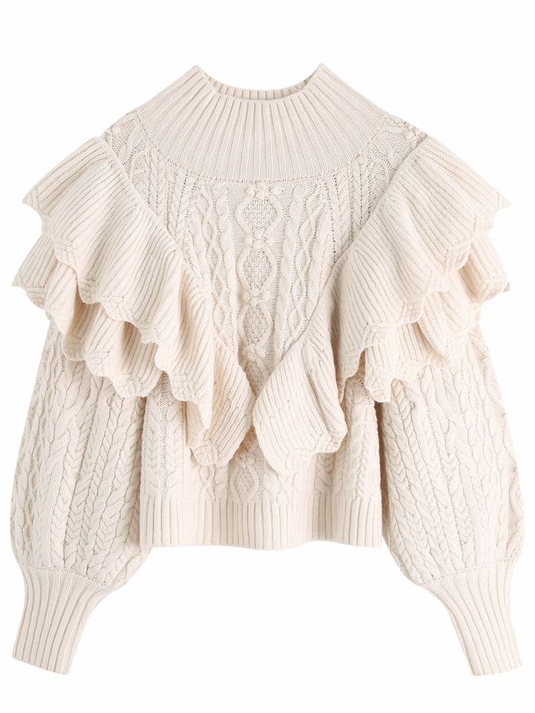 XNWMNZ Women 2020 Fashion Ruffled Cropped Knitted Sweater Vintage High Neck Lantern Sleeve Female Pullovers Chic Tops alx