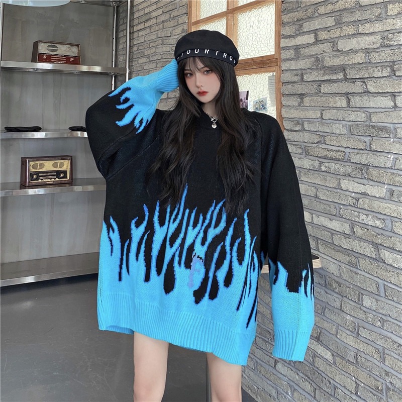 Sweater Women Streetwear Retro Flame Pattern Hip Hop Autumn Pull Over Spandex O-neck Oversize Couple Casual Women Sweaters alx