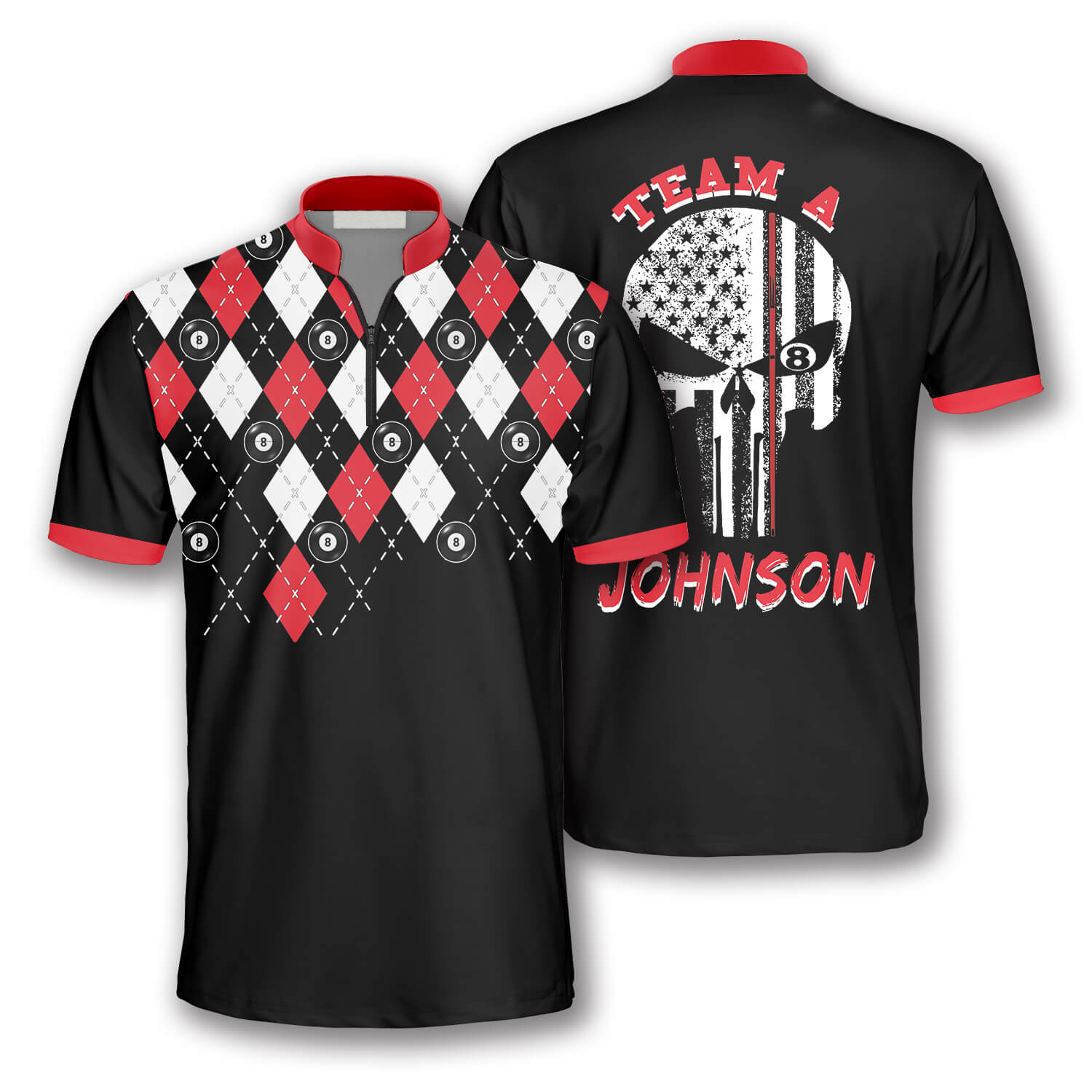 3D All Over Print Skull Red Argyle Pattern Custom Billiard Jerseys For Men, Billiard Shirt, Skull Shirt