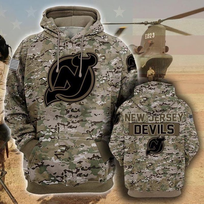 New Jersey Devils Camouflage Veteran 3D Cotton T-Shirt Hoodie