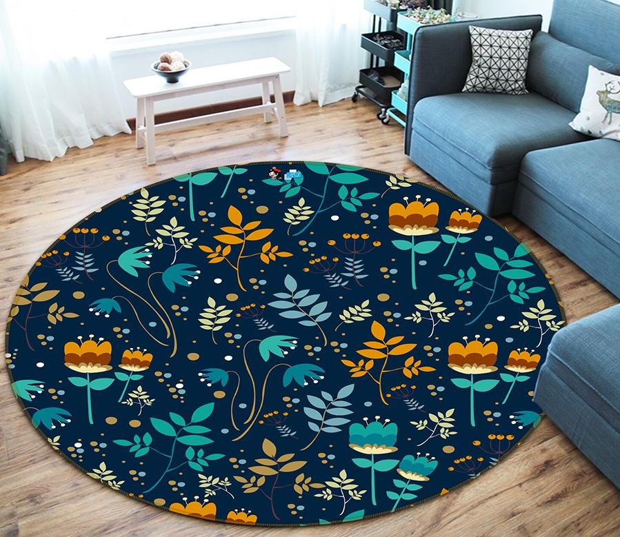 3d Blue Orange Flowers Pattern 64050 Round Rug Home Decor