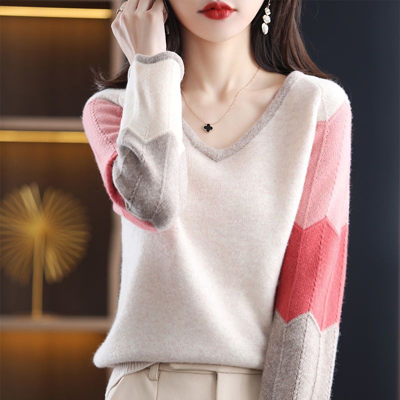 Autumn Winter Elegant Fashion V-neck Sweet Patchwork Sweater Women Korean Style All-match Knitting Jumpers Ladies Warm Pullover alx