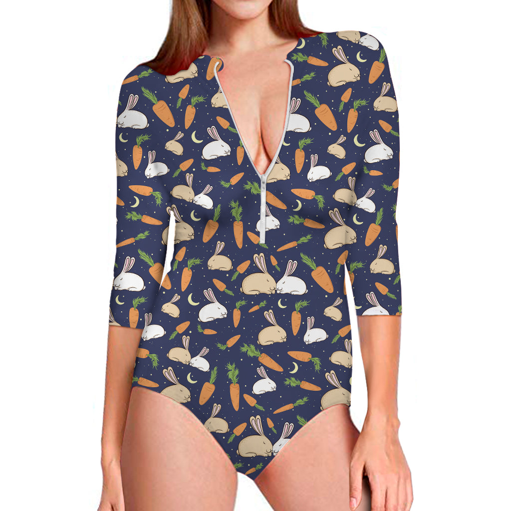 Carrot And Rabbit Pattern Print Long Sleeve One Piece Swimsuit