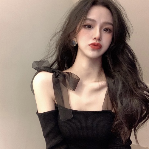 WAKUTA Korean Girls New Knitted Tops Mesh Bow Tie Sexy Off Shoulder Black Pullovers Skinny Elegant Short Jumper Womens Clothes alx