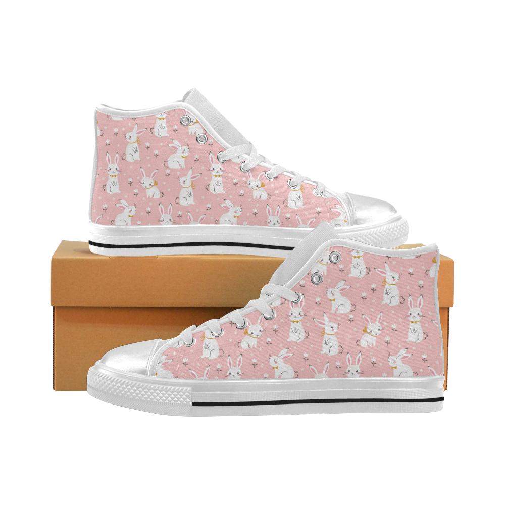 Cute white rabbit flower pink background Women’s High Top Shoes White