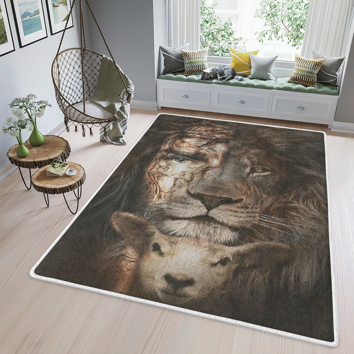 Wooni Jesus Lion And Lamb Area Rug, Rectangle Rug Wn15032207