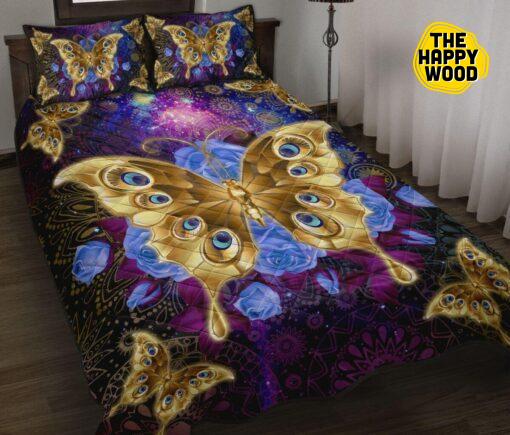 Butterfly Gold Galaxy Flower Quilt Bed Set And Pillow Covers