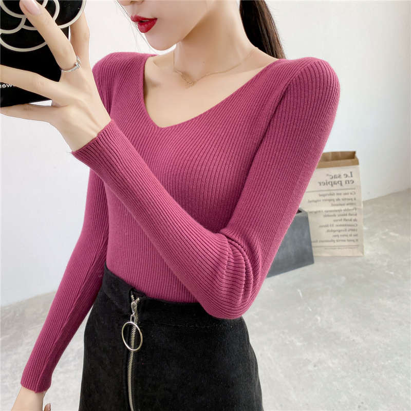 Autumn Winter V-Neck Long Sleeve Slim Sweater Women Pull Femme Solid Color Soft Warm Knitted Pullover Sweater Ladies Tops C6720 alx