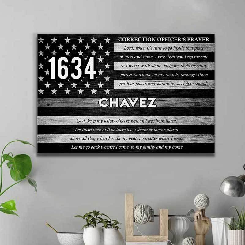 [Personalized Name] Thin Silver Line Flag – Corrections Officer’S Prayer – Gift For Father’S Day, Home Decor, Best Gift Idea – Canvas Print