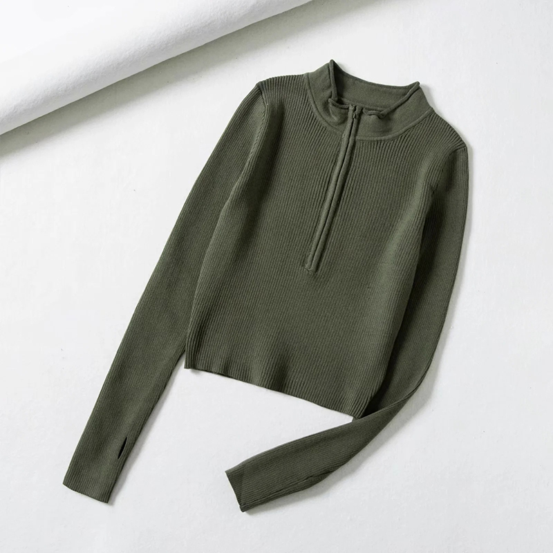 Women Sexy Zipper Turtleneck Slim Knitted Sweater Vintage Solid Finger Hole Long Sleeve Cropped Pullovers Elegant Harajuku Tops alx