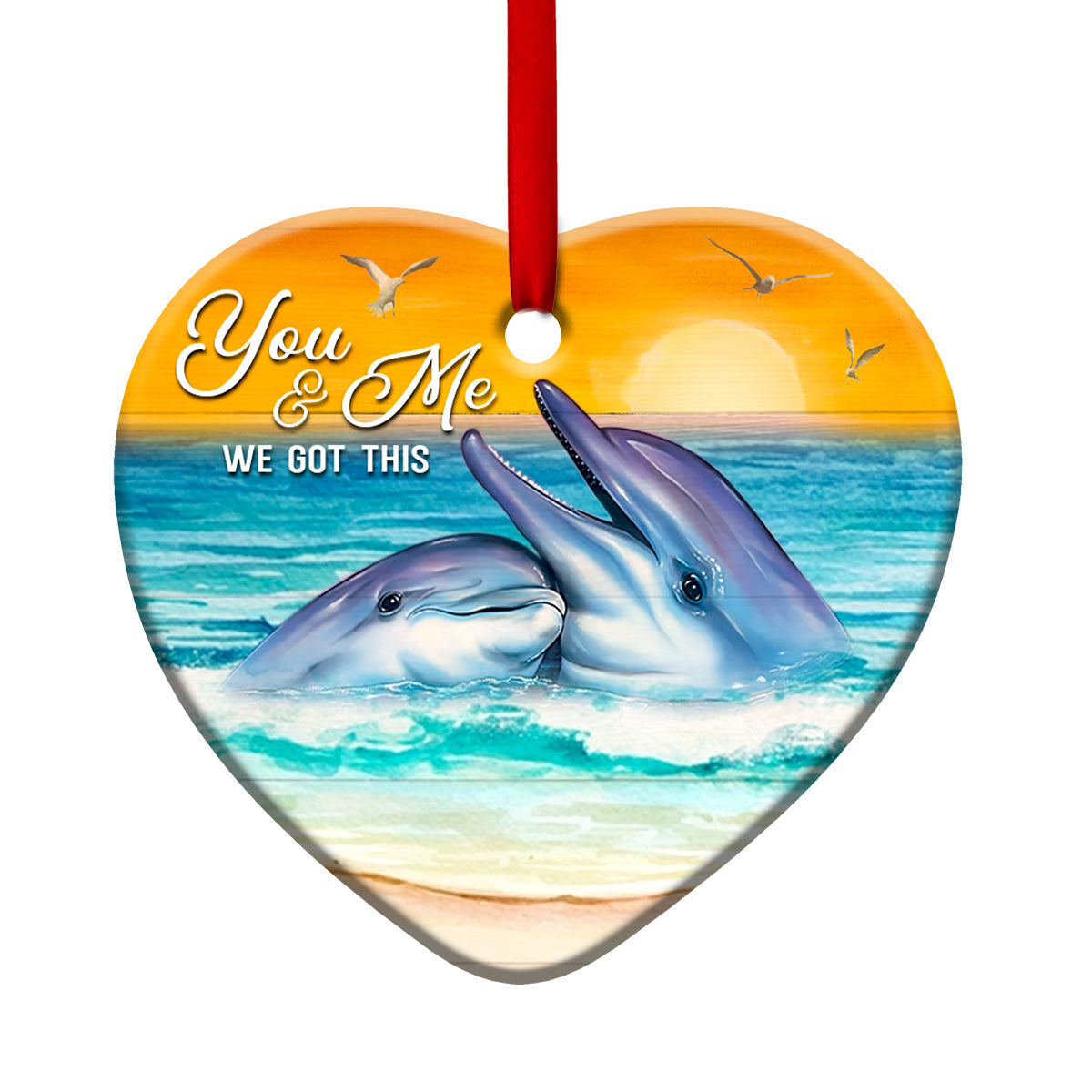 Dolphin Couple Sunset Wood Style – Heart Ornament