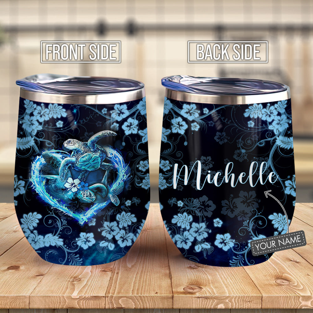 Blue Hibiscus Turtle Love Couple Gift Personalized Ablz0507001Z Wine Tumbler