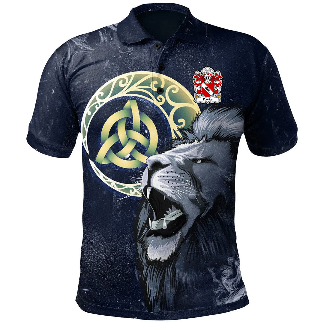 1Sttheworld Wales Polo Shirt – Davies Robert Of Gwysanau Flint Welsh Family Crest Polo Shirt – Lion & Celtic Moon – Golf Shirt A7