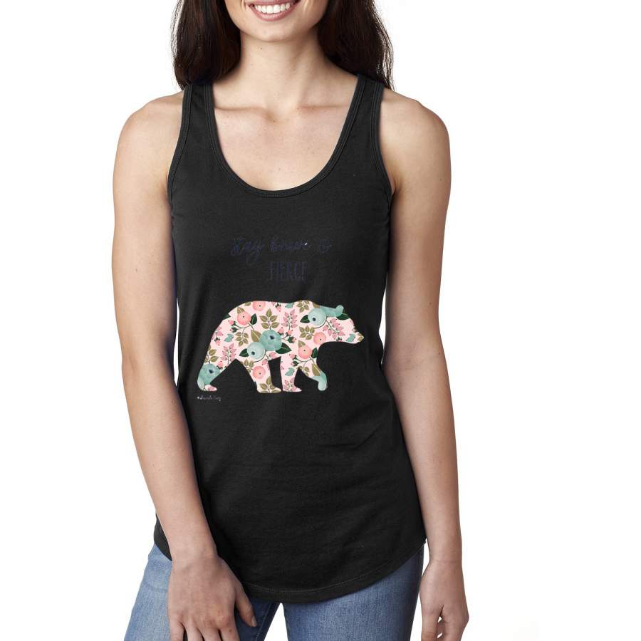 Stay Brave and Fierce Cute Mosaic Flower Bear Animal Lover Ladies Racerback Tank Top