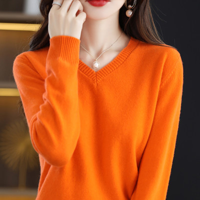 100% pure wool cashmere sweater women V-neck pullover autumn and winter casual knitted top solid color loose soft sweater women alx