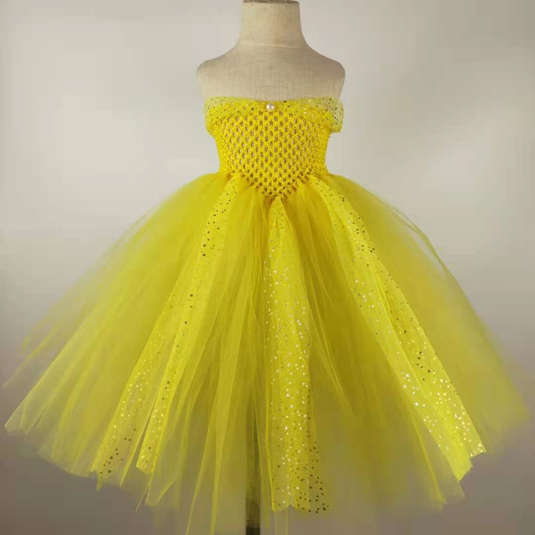 yellow Princess Belle Dress Kids Girls Pageant Ball Gown Tutu Dress Fancy Girl Birthday Party Dress Cosplay Costume alx