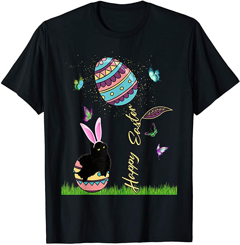 Easter Bunny Black Cat Lucky Charm Womens Easter Egg Girls T-Shirt