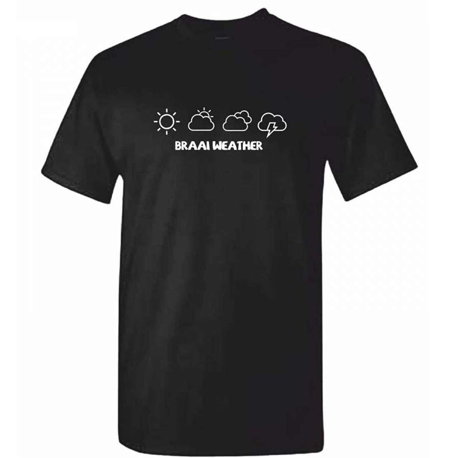 13.87 Mens BRAAI WEATHER T Shirt – Mens Black Funny South African Barbecue Tshirt