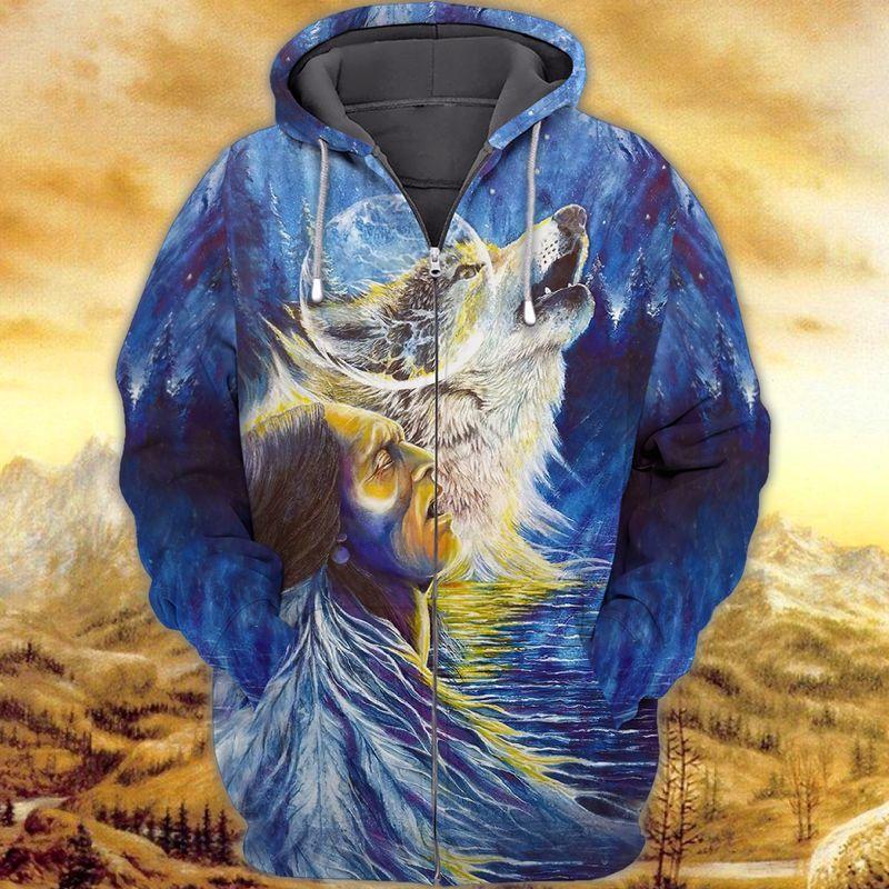 Native Wolf Under The Moon 3D Zipper Hoodie