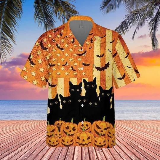 Black Cats Halloween American Hawaii Unisex Print Aloha Short Sleeve Casual Shirt Ha63428