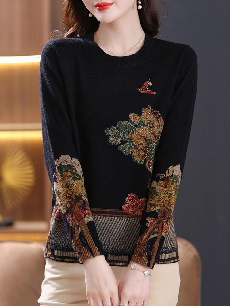 YISU Autumn winter Women Sweater O-Neck Knitted pullove long sleeves Female Casual Loose soft Fashion printing Women clothing alx