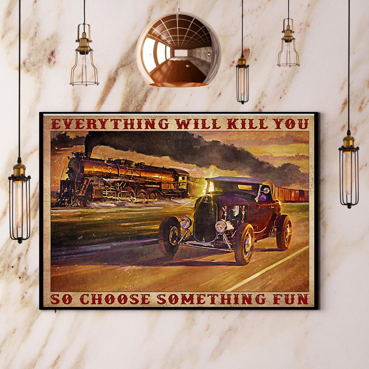 Vintage Train Penguins On The Car Everything Will Kill You So Choose Somthing Fun  Poster No Frame Matte Canvas