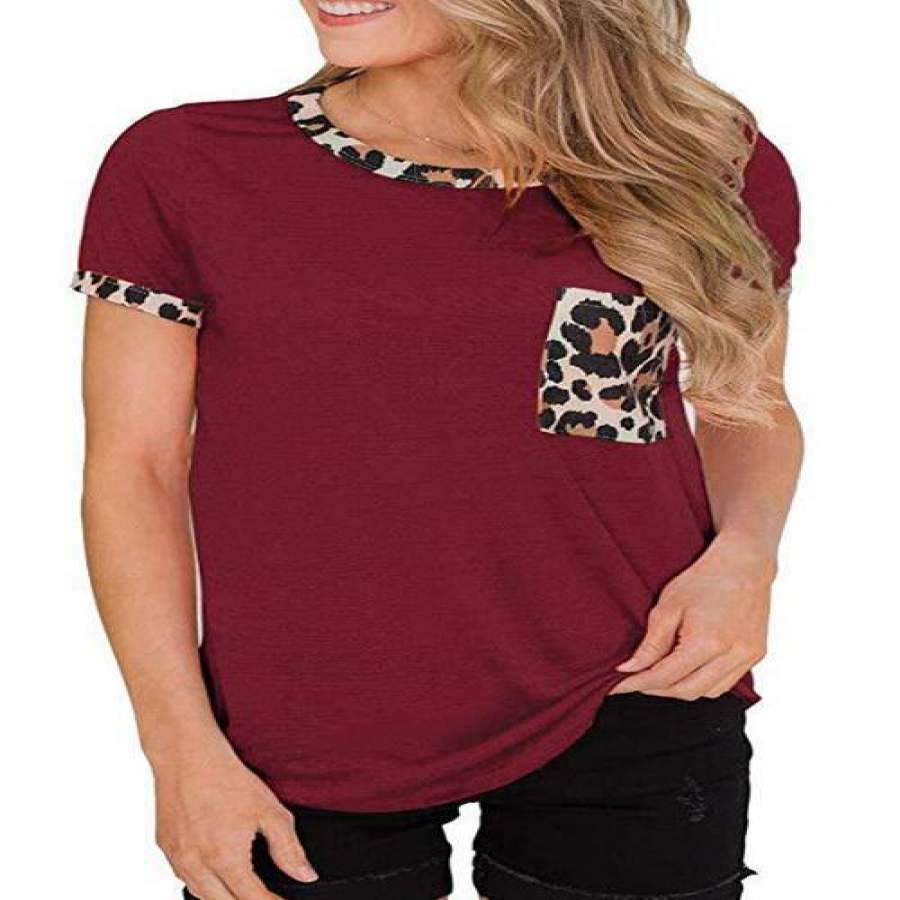 Women’s Loose Asymmetric Hem T-shirts With Leopard Pocket