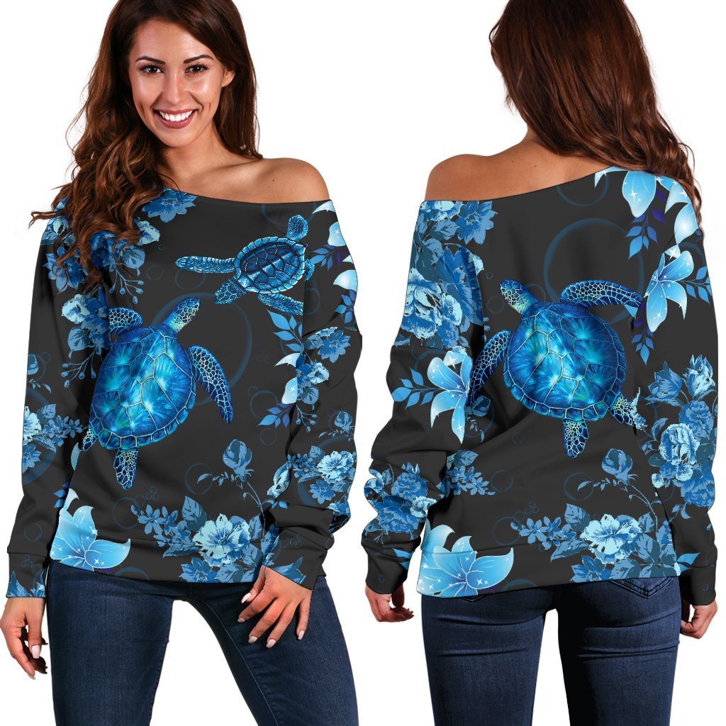 BLUE SEA TURTLE HAWAII POLYNESIAN PATTERN SHOULDER SWEATER