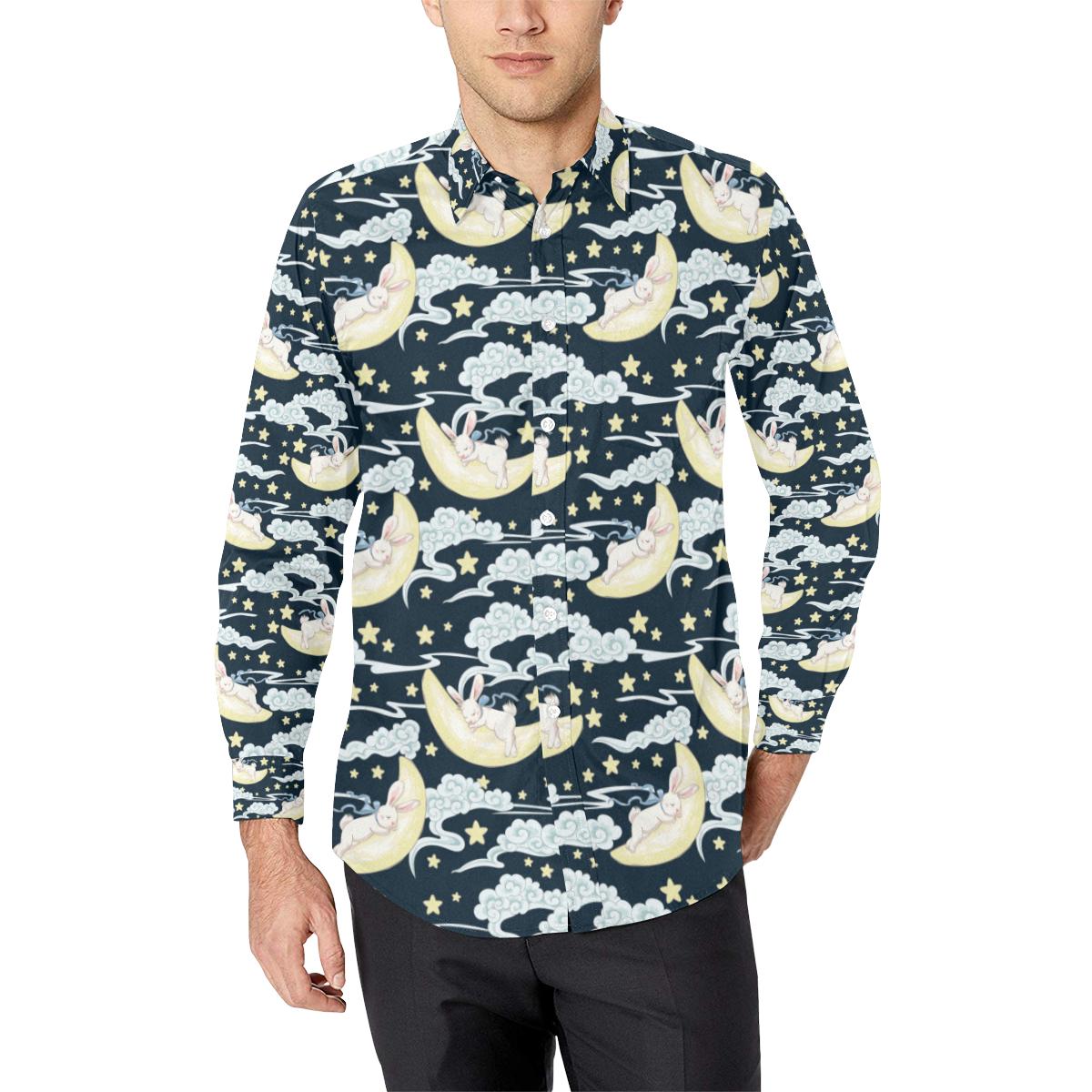 Rabbit Sleeping Pattern Print Design Rb08 Long Sleeve Dress Shirt