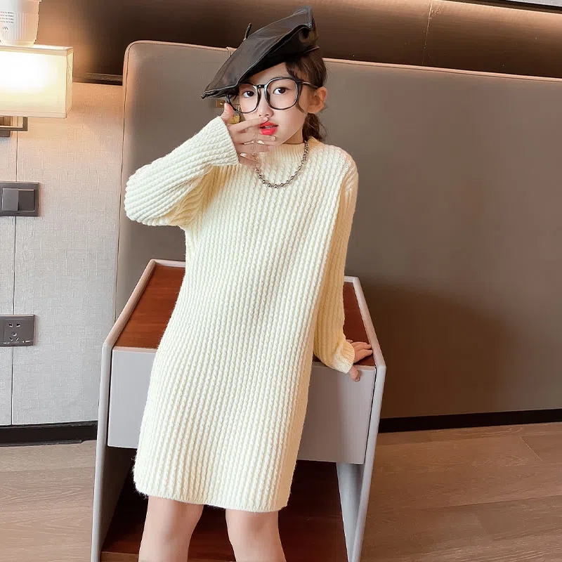 Autumn Kids Knitted Sweater Dresses for Girls Solid Loose Casual Dress Girl Clothing Teenage Girls Pullover Long Sweater 6 8 12 alx