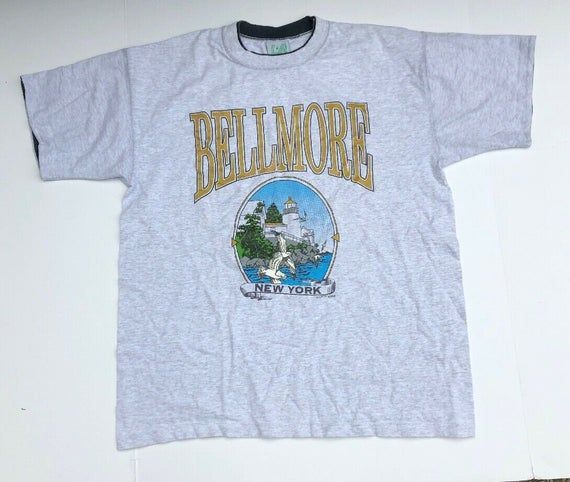 90S Vintage Bellmore New York Long Island Lighthouse Beach Shirt 1990S Ny Li Tropical Locale Geography Gray Seagull Bird Animal Shirt