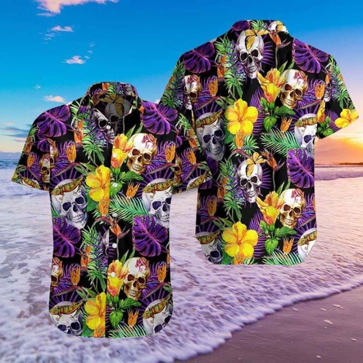 Skull Flower Fresh Print Short Sleeve Hawaiian Casual Shirt