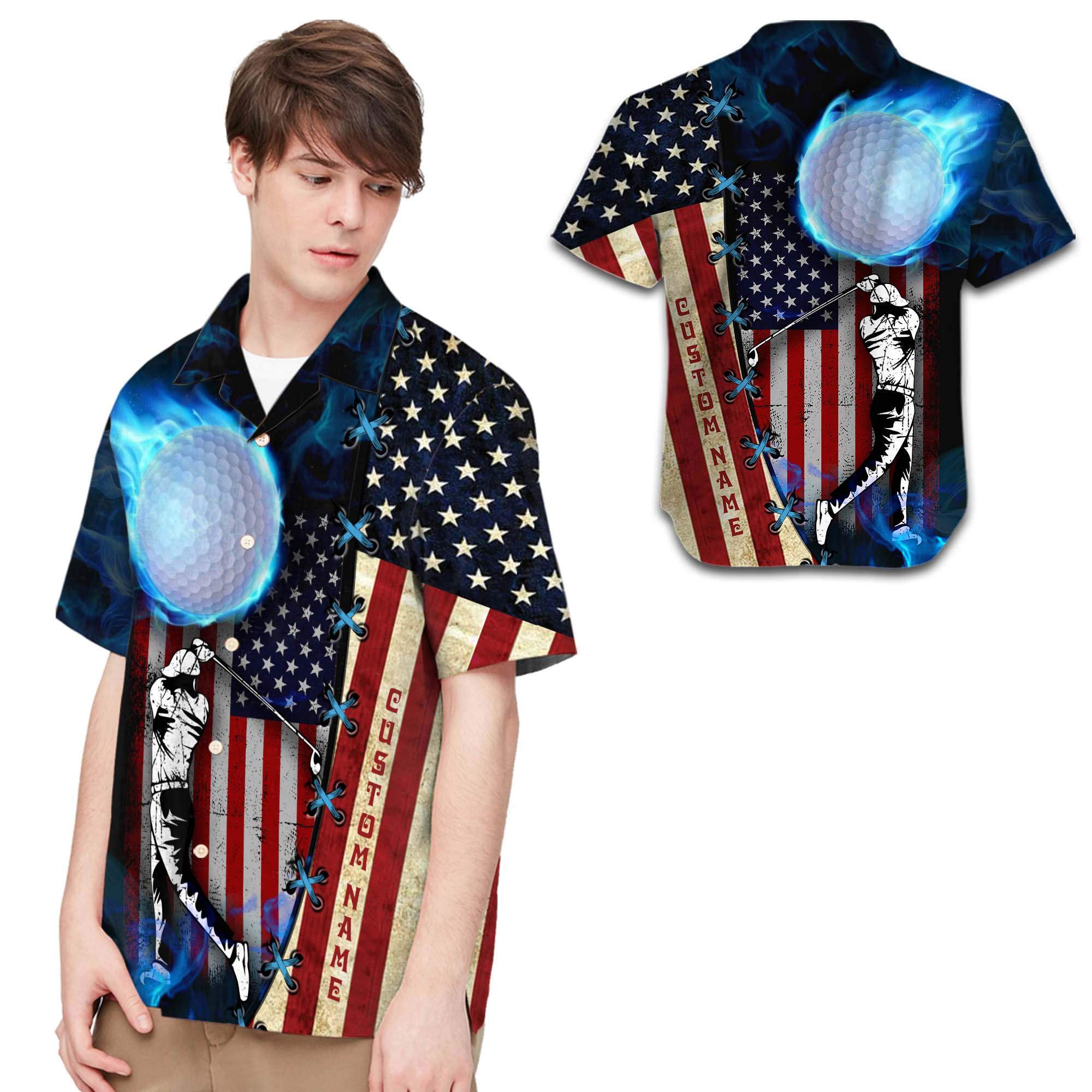 Beach Shirt Golf American Flag Custom Name Men Hawaiian Shirt