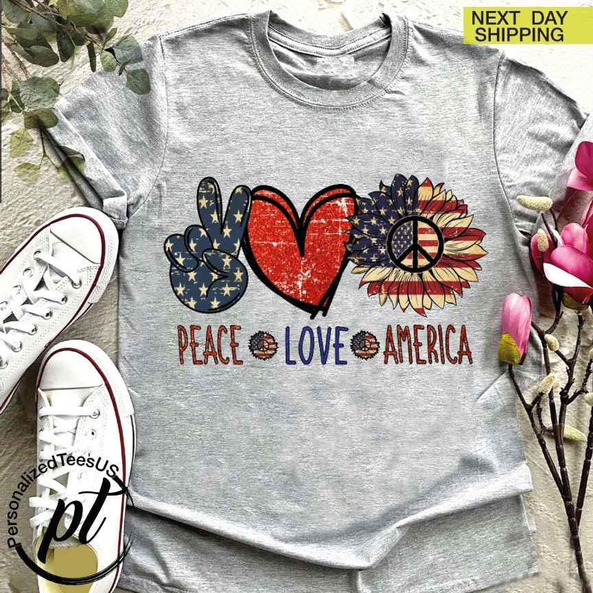 Peace Love America Sunflower Flag Shirt, American Flag Tee, 4th of July Pride Gift,Memorial Day Shirt For Women,Independence Day Floral Flag