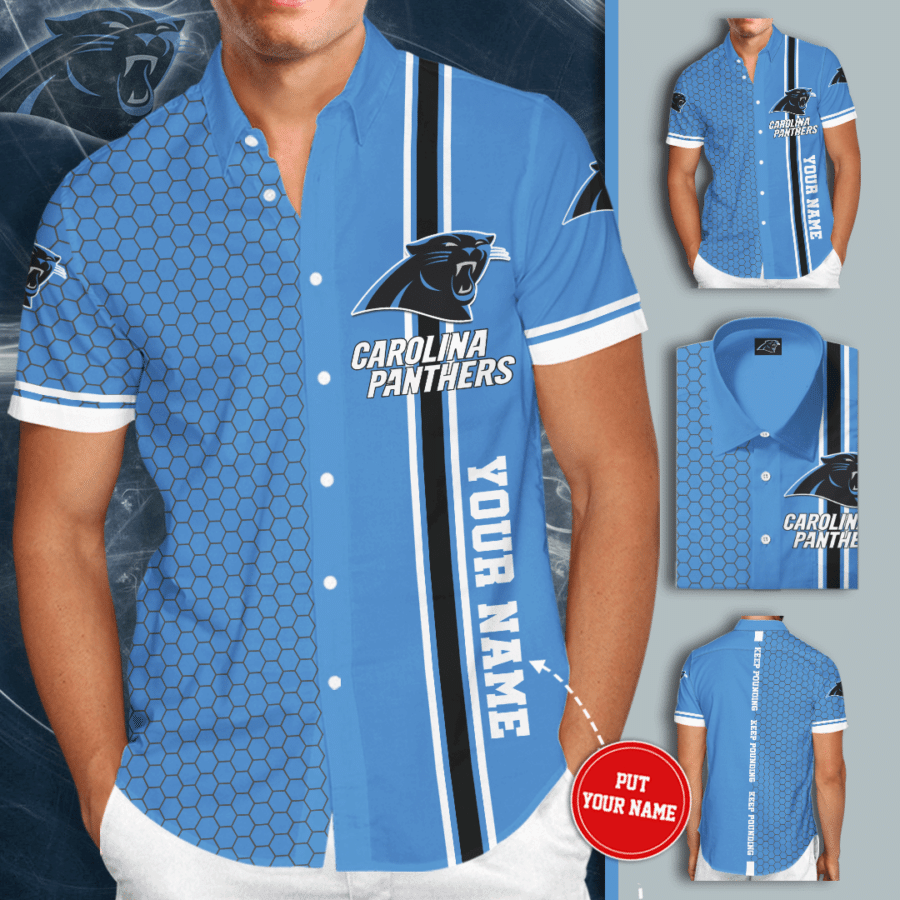 Personalized Carolina Panthers All Over Print 3D Tiling Short Sleeve Dress Shirt Hawaiian Summer Aloha Beach Shirt – Light Blue-Tph