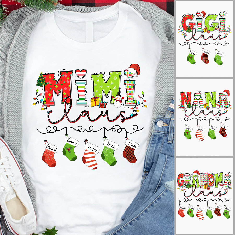 Custom Christmas Mimi Claus Stocking Kids Shirt, 2022 Christmas Grandma Nana Mimi Shirt with Kidnames, Custom Doodle Mimi Christmas Shirt