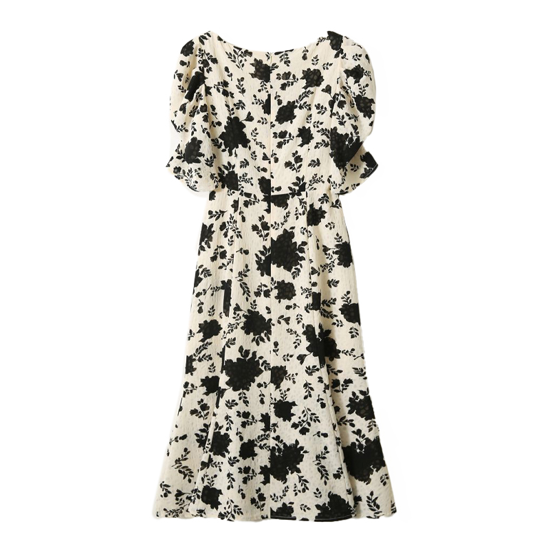 Beige Floral Printing French Square Collar Puff Short Sleeve Women’s Dress 2022 Elegant Vintage Mid-Calf Dresses For Women alx