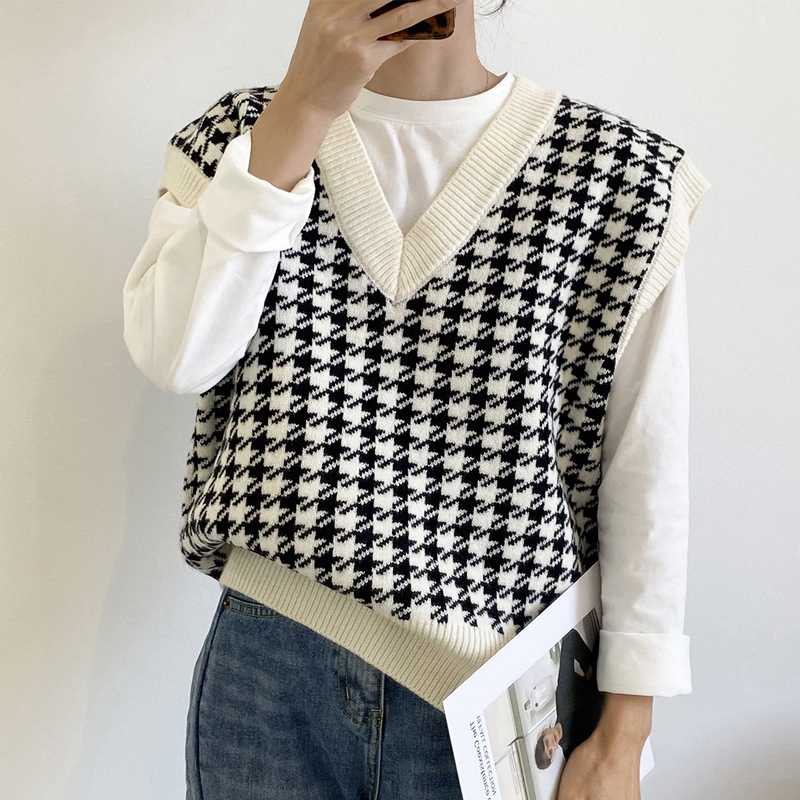 Autumn Women Houndstooth Loose Knitted Vest Sweater V-Neck Sleeveless Thick Casual Sweater Suits Female Waistcoat Chic Top 17502 alx