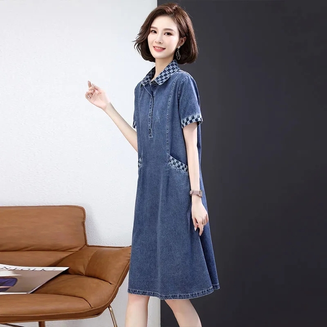 Blue Dress 2022Summer New Korean Fashion Loose Slimming Short Sleeve Denim Shirt Dress Women Polo Neck Pocket Dress Elegant Muje alx