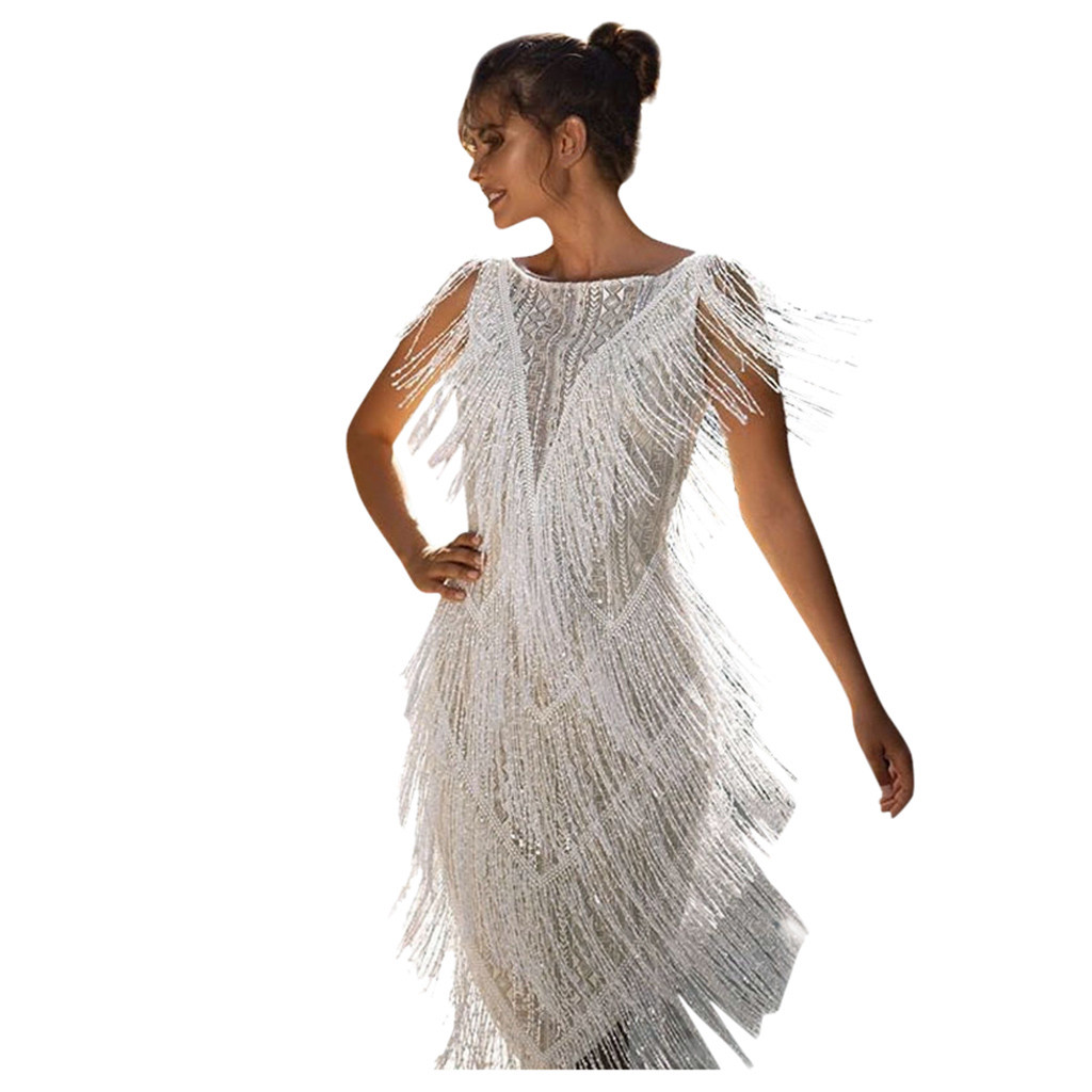 1920S Diamond Sequined Embellished Fringed Great Gatsby Flapper Dress Retro Tassle Croche Midi Party Latin Dance Dresses Clothes alx