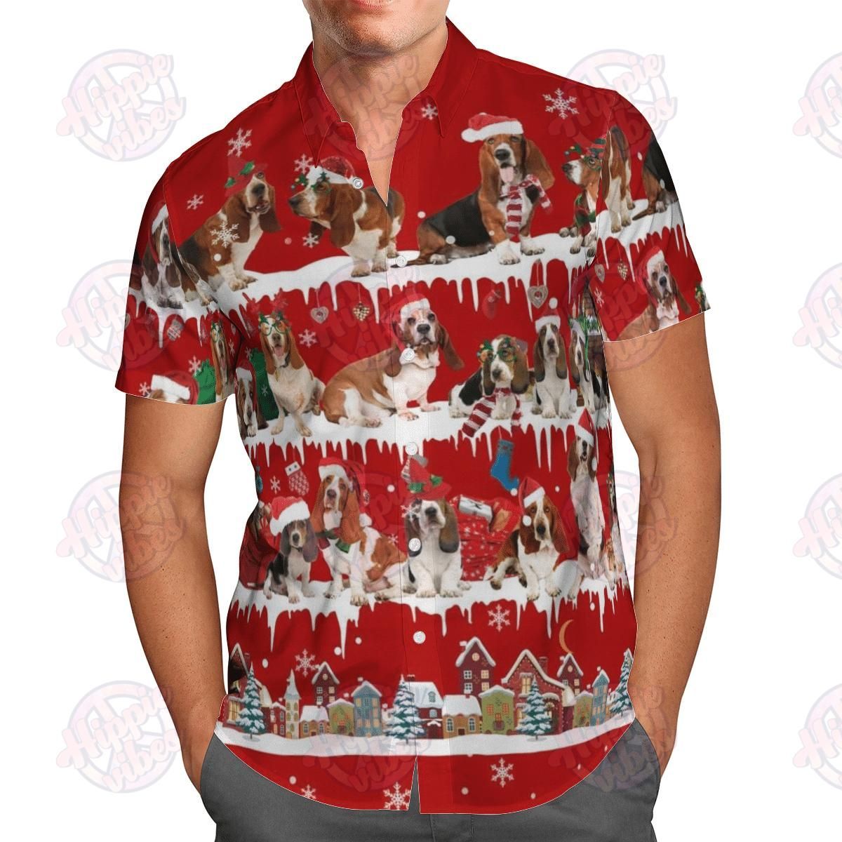 Basset Hound Snow Christmas Aloha Hawaiian Shirt Colorful Short Sleeve Summer Beach Casual Shirt For Men And Women